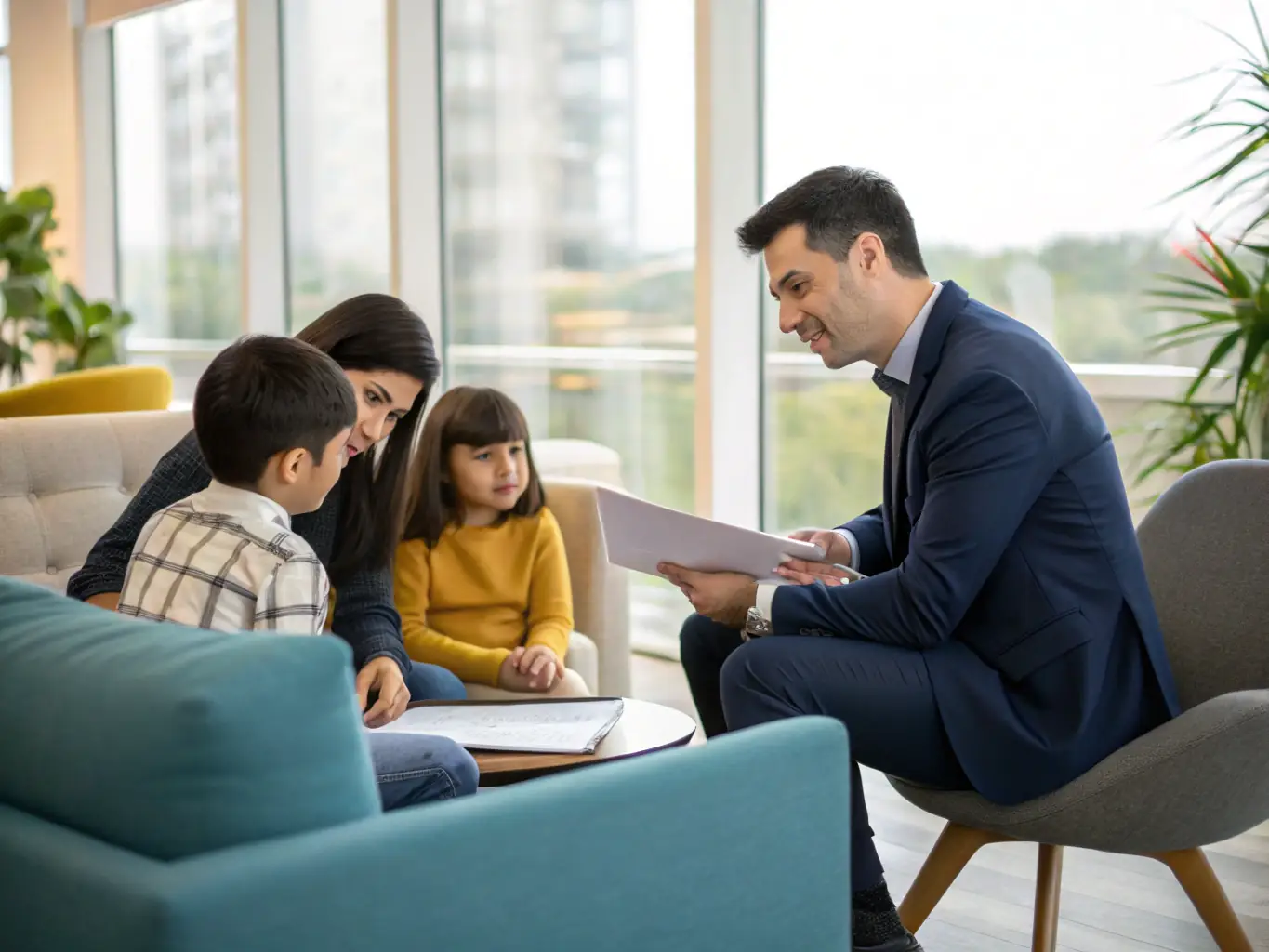 An image of a financial advisor providing personalized advice to a South African family in their home, emphasizing the personal touch of swordfishly.uno's services.