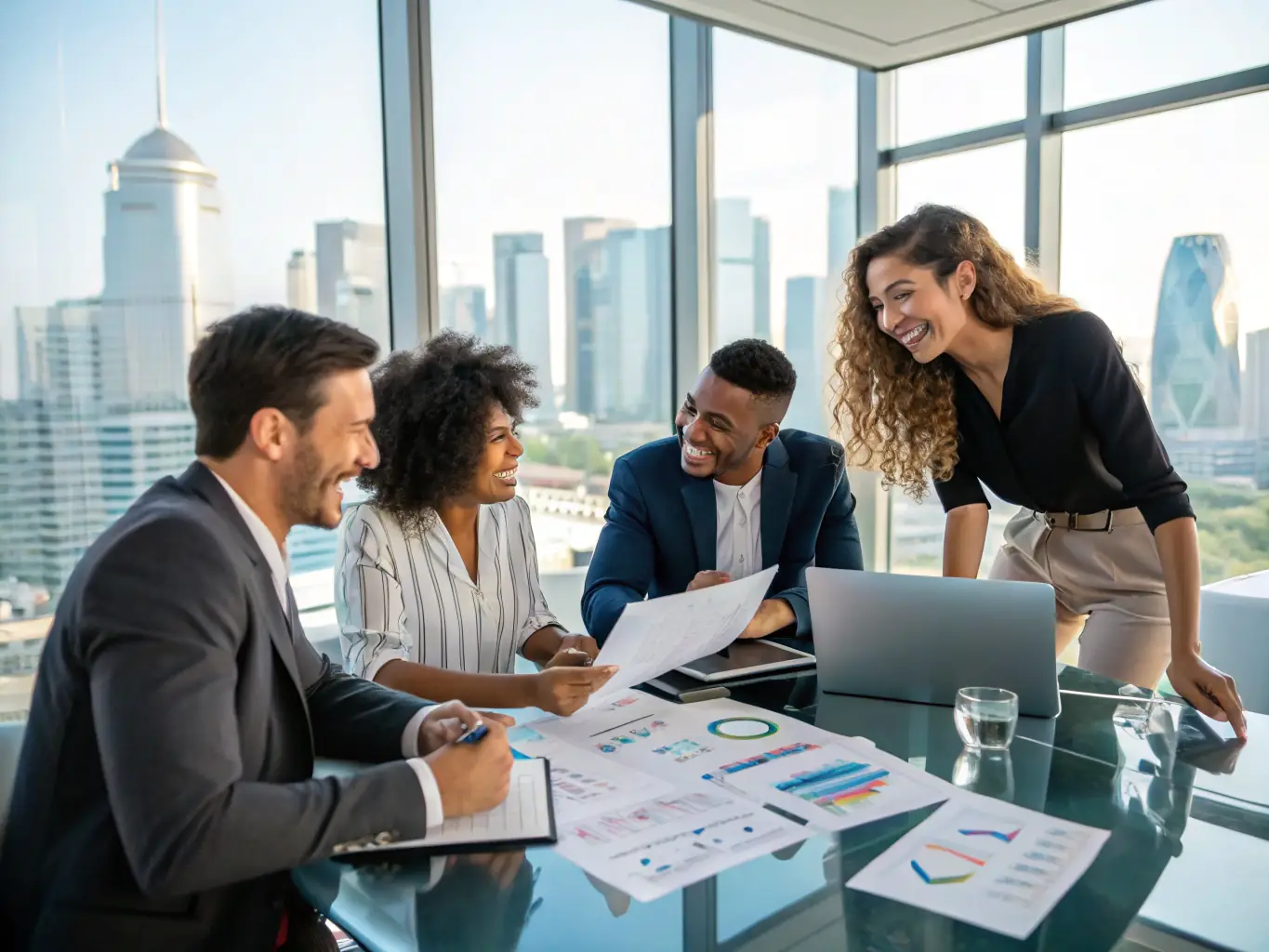 An image of a diverse group of South African professionals collaborating on financial strategies in a modern office setting, reflecting the local market focus of swordfishly.uno.