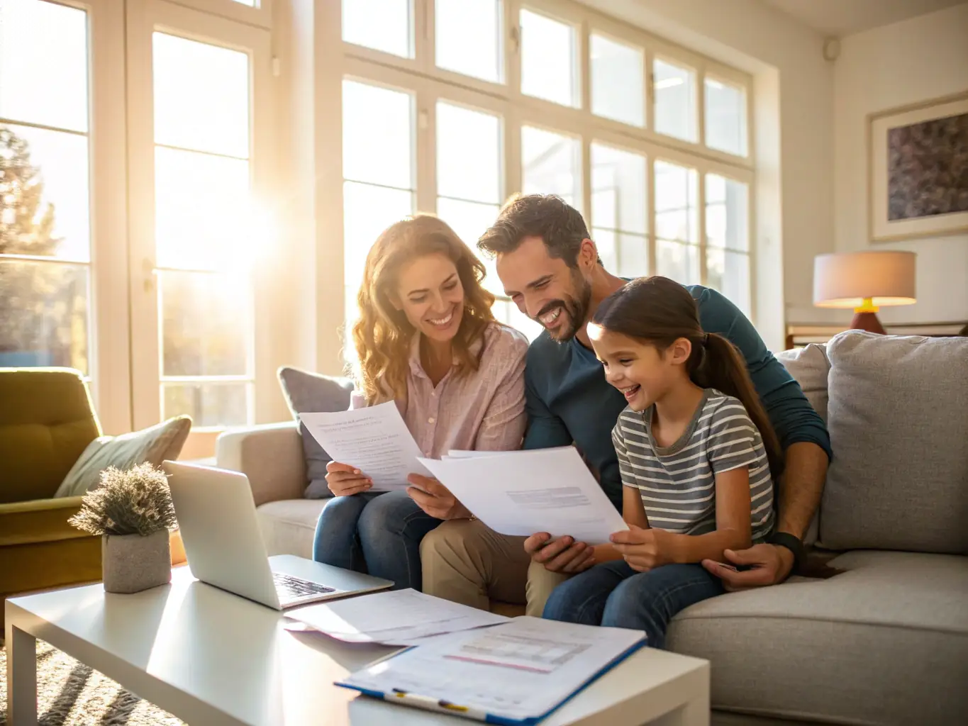 A family is happily gathered in their modern living room, planning their financial future together, representing wealth management and financial security.