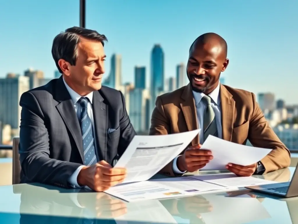 A professional consultant is sitting at a desk, reviewing financial documents with a client in a modern office setting, symbolizing personalized financial advice.